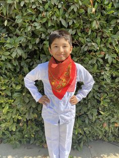 a young boy standing in front of a bush with his hands on his hips wearing a red bandana