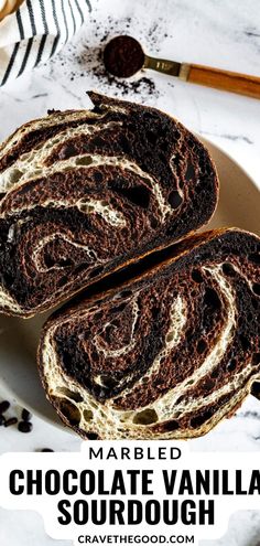 marbled chocolate vanilla sourdough on a white plate