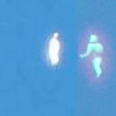 two images of an object in the sky, one with a person on it and another with a light