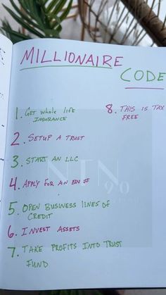 an open book with instructions on how to use the millowaire code in it