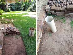 two pictures side by side one has a fire pit and the other has bricks in it