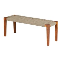 a bench made out of wood and woven fabric on it's legs, against a white background