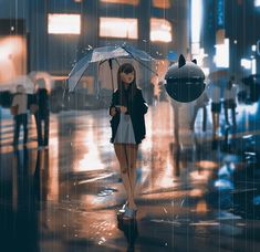 a woman is walking in the rain with an umbrella