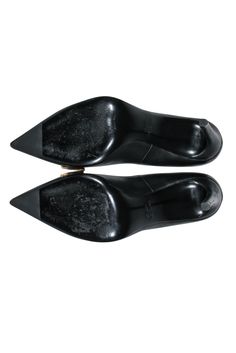 Step into a world of contemporary refinement with these chic Stuart Weitzman pumps, featuring a delightful gold bow accent on the upper, and pointed-toes. Pair these exquisite heels with a figure-hugging midi dress and a blazer for a chic and polished work look. Size 4.5 100% Leather Leather soles & insoles Gold metal bow on upper Lightly padded insole Pointed toe Heel height 3.5” Classic Formal Heels With Metal Feet, Evening Leather Court Shoes With Metal Feet, Leather Court Shoes With Metal Feet For Evening, Classic Pointed Toe Heels With Metal Feet, Classic Heels With Pointed Toe And Metal Feet, Metal Bow, Black Leather Pumps, Pointed Toe Heels, Stuart Weitzman Shoes