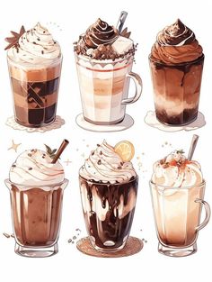 four different kinds of coffees with whipped cream and orange slices