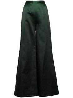 dark green satin finish gradient effect high-waisted concealed rear zip fastening two side slit pockets flared Royal Outfit, Black And Green Dress, Green Dress Pants, Saiid Kobeisy, Wedding Dress Outfit, Black Silk Dress, Pants Green, Royal Outfits, Fashion Aesthetics