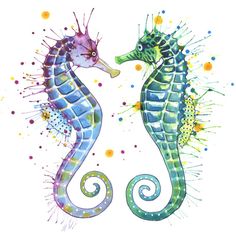 two seahorses are facing each other with splatters on their body and head