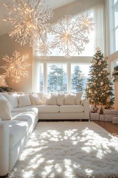 a living room filled with white furniture and christmas decorations