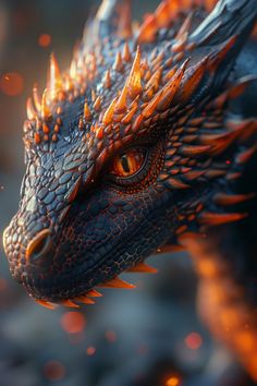 a close up of a dragon's head with fire coming out of its eyes