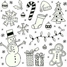 black and white christmas doodles with presents, stockings, candy canes, snowmen