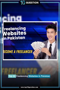 a man holding money in his hand while standing next to a sign that reads freelancing