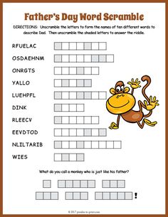 a worksheet for father's day word scramble with a monkey on it