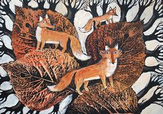 a painting of three foxes and leaves on a white background with black border around them