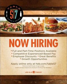 an advertisement for a restaurant that is now hiring