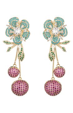 Add a playful element to your outfit with these flower and cherry-shaped drop earrings embellished with sparkling CZ. 2" length Post back Goldtone plate/cubic zirconia Imported Cherry Blooms, Ear Drops, Nice Nails, Drop Design, Chic Leather, Fancy Jewelry, Spring Blooms, Drops Design, Dream Jewelry