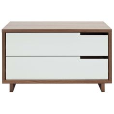 a white and brown dresser with two drawers