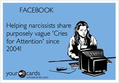 a woman sitting at a computer with the caption facebook helping narcissists share purposes / vage cries for attention since