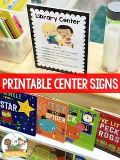 the library center sign is on display for children to learn how to read and write