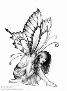 a pencil drawing of a fairy sitting on the ground