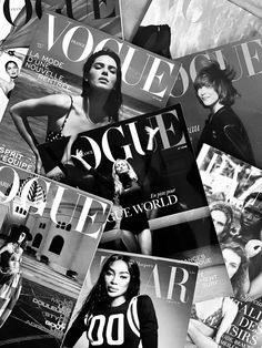 black and white photograph of magazine covers