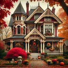 a large red and white house surrounded by fall foliage