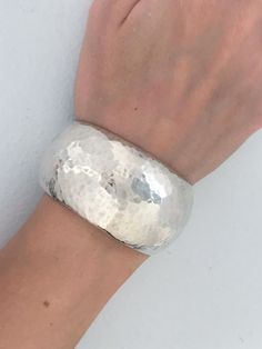 "Substantial Vintage Modernist Mexico 925 Silver Hammered Dome Cuff. High quality 925 silver with a versatile design to suit many styles. Quality item weighing 56.2 grams that is in great vintage condition ready to wear. Markings: 925 Mexico Measurements: Approx 6 1/4\" Total Inside Circumference including the wrist opening, 2 1/8\" inside diameter across, 1 1/8' wrist opening, Total Weight: 56.20 grams Condition: Great Vintage condition, ready to wear with minimal signs of wear for a vintage it Chunky Silver Bracelet, Haute Jewelry, Vintage Mexico, Nail Tattoo, Hot Jewelry, Hammered Sterling Silver, Silver Bangle Bracelets, Creative Jewelry, Hammered Silver