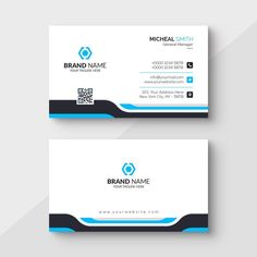 two business cards with blue and black accents