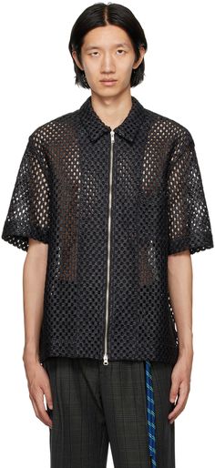 Sheer nylon- and cotton-blend mesh shirt. · Spread collar · Two-way zip closure · Patch pocket at chest · Vented side seams · Unlined Supplier color: Black Man Shirt, Mesh Shirt, Sheer Shirt, Black Zip Ups, Summer 2024, Zip Up, Patch Pocket, Black Shirt, Apparel Accessories