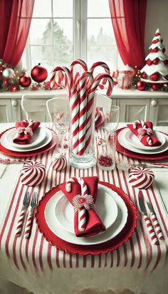 red and white christmas table setting with candy canes