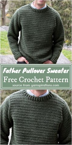 a man wearing a green sweater with the words father pullover written on it