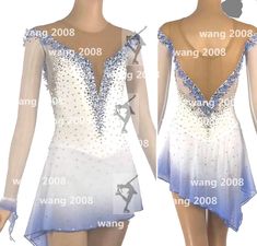 the figure is wearing a white and blue dress with sequins on it's back