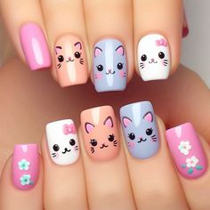 Pet Nail Designs, Kitty Nails Design, Cat Nails Design, Kitten Nails, Nail Designs For Kids, Kids Manicure, Cat Nail Designs, Kids Nail Designs, Cat Nail Art