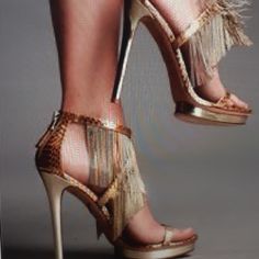 Brian Atwood Designer Metallic Gold Colored Fringed Elegant Open Toe Stiletto Very Eye-Catching Heels When You Walk In You Will Be Noticed Flapper Girls, Brian Atwood Heels, Evening Heels, High Sandals, Fab Shoes, Brian Atwood, Kinds Of Shoes, Fabulous Shoes, Hot Shoes