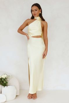 Francesca Satin Midi Dress Yellow Cutout Style, Yellow Midi Dress, Dress Yellow, Satin Midi Dress, Neck Wrap, Hook Eye, Wedding Party Dresses, Dress Romper, You've Been