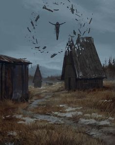 an image of some old buildings in the middle of nowhere with birds flying over them