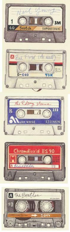 four old school cassette tapes are shown in three different colors and sizes, each with the same