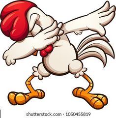 a cartoon chicken wearing a red hat and standing on one leg with its legs crossed