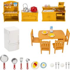 a dollhouse kitchen and dining room set with yellow furniture, including an oven, refrigerator, sink, table, chairs, and other accessories