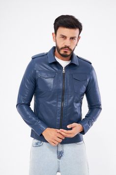 BLUE Genuine Leather Jacket , Our products are 100% genuine leather; It is produced in master hands with quality materials and delicate hand workmanship. Fitted Blue Leather Jacket With Pockets, Classic Blue Long Sleeve Leather Jacket, Fitted Blue Leather Outerwear, Classic Blue Leather Outerwear, Blue Leather Jacket For Work, Blue Leather Jacket For Fall, Leather Jacket Photoshoot, Leather Jacket For Men, Lamb Leather Jacket