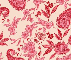 a red and white floral pattern on a light pink background with paisley, flowers, and leaves