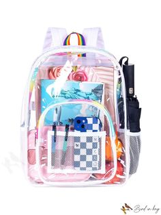 BirdinBag - Durable PVC Clear Backpack: Transparent Bookbag for Women and Men Clear Backpacks, Clear Backpack, Trendy Backpacks, Purple Backpack, Backpack For Women, Light Backpack, Transparent Bag, Blue Checkered, Transparent Material