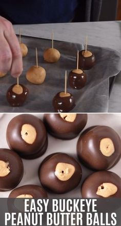 chocolate covered peanut butter balls on a baking sheet and then being dipped with caramel