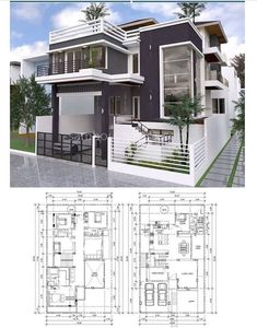 two story house plans with garage and living room in the middle, on top of each other