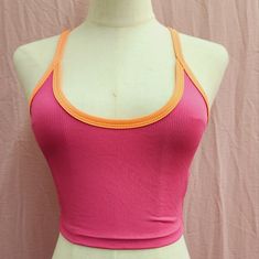 Shein Ezwearcontrast Binding Criss Cross Back Rib-Knit Crop Cami Top New With Out Tags. Color: Pink/ Orange Size: X-Small Trendy Pink Tops With Splicing, Pink Casual Tops With Contrast Color, Pink Ribbed Racerback Top, Pink Fitted Racerback Top, Fitted Pink Racerback Top, Fitted Color Block Pink Top, Fitted Pink Color Block Top, 2000s Teen Fashion, Y2k Theme