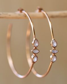 Yeda Hoop Earrings * Rose Quartz & Moonstone * Gold Plated 18k, Silver Plated or rose Gold Plated * BJE015C Gemstone Hoop Earrings, Moonstone Earrings, Silver Plated Jewelry, Gemstone Studs, Brass Gold, Rose Gold Jewelry, Unique Gemstones, Large Earrings, Rose Earrings