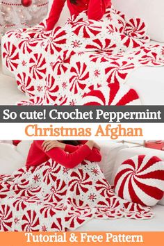 the crochet peppermint christmas afghan pattern is shown in red and white