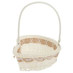 a small white basket with handles