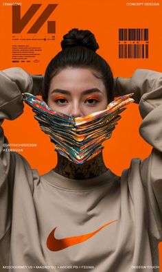 a woman covering her face with stacks of magazines in front of an orange background that reads nike