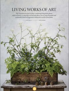 an advertisement for living works of art with flowers and plants in wooden boxes on a table