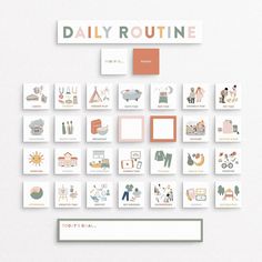 the daily routine is displayed with many different things on it, including pictures and magnets